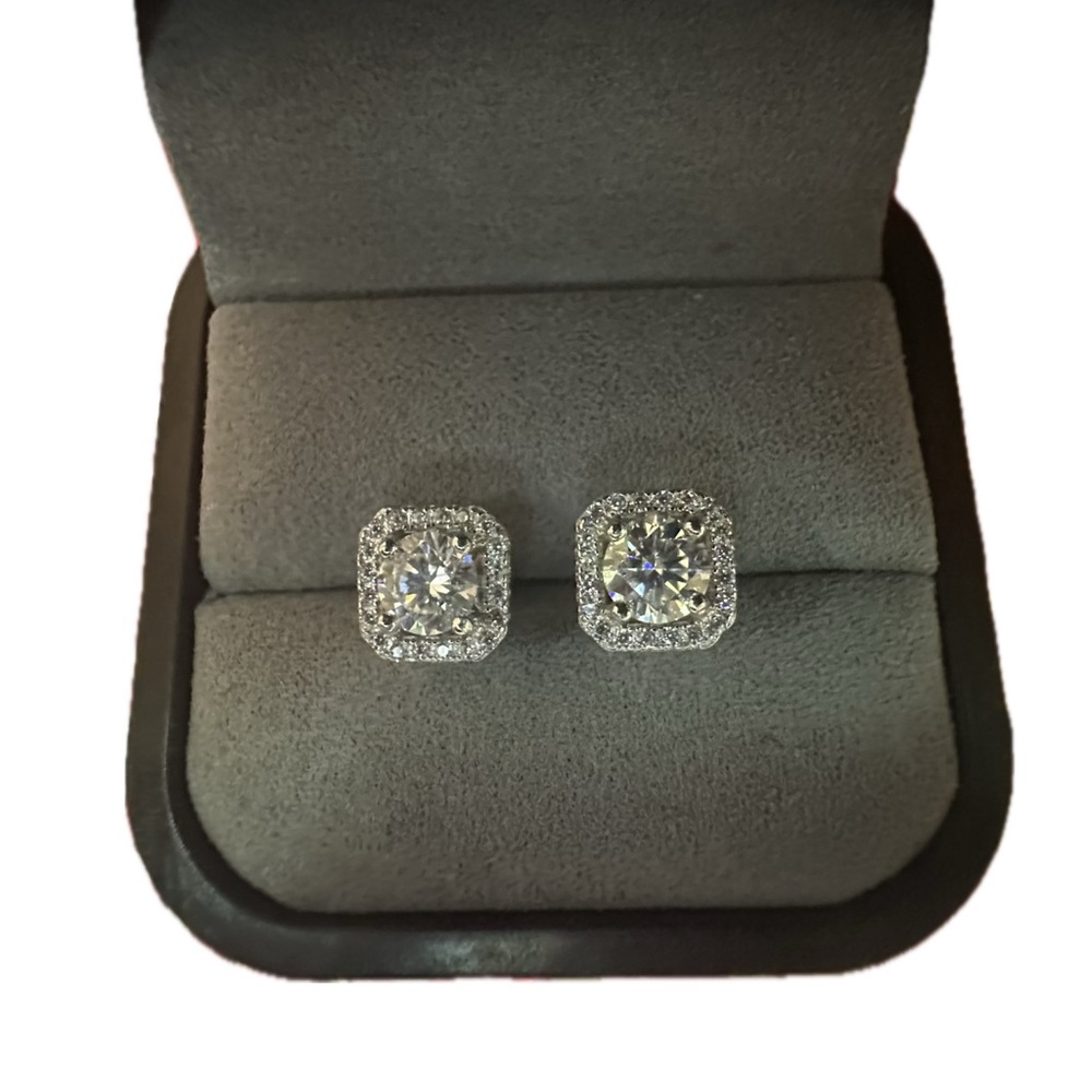 Platinum Round Diamond Cushion Halo Stud 
 Earrings